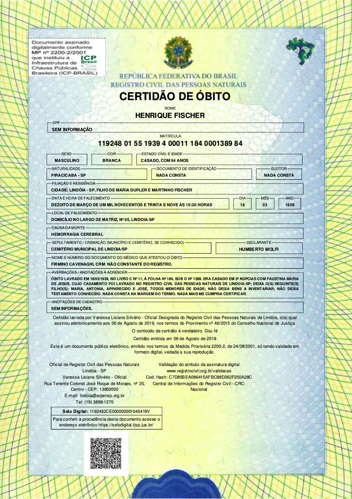 Registro de óbito de Henrique Fischer