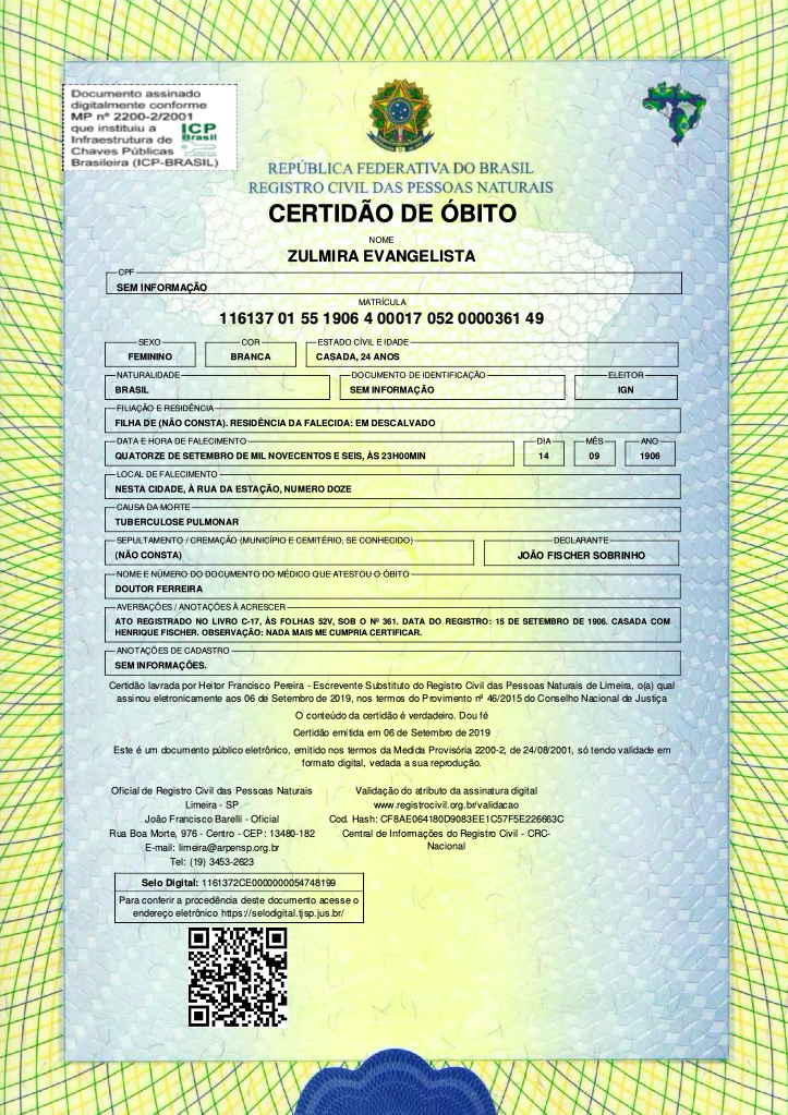 Registro de óbito de Zulmira Evangelista