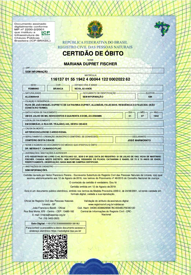 Registro de Óbito de Maria Dupre