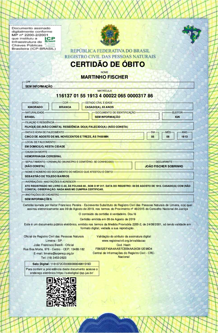 Registro de óbito de Martinho Fischer