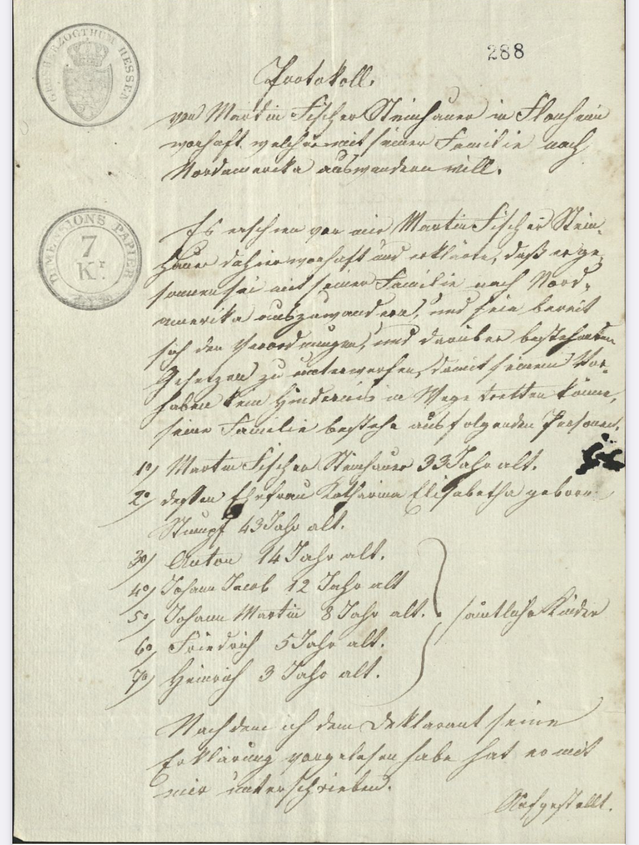 Documento do Arquivo do Estado de Hessen com a autorização de emigração de Martin Fischer e família em 1837