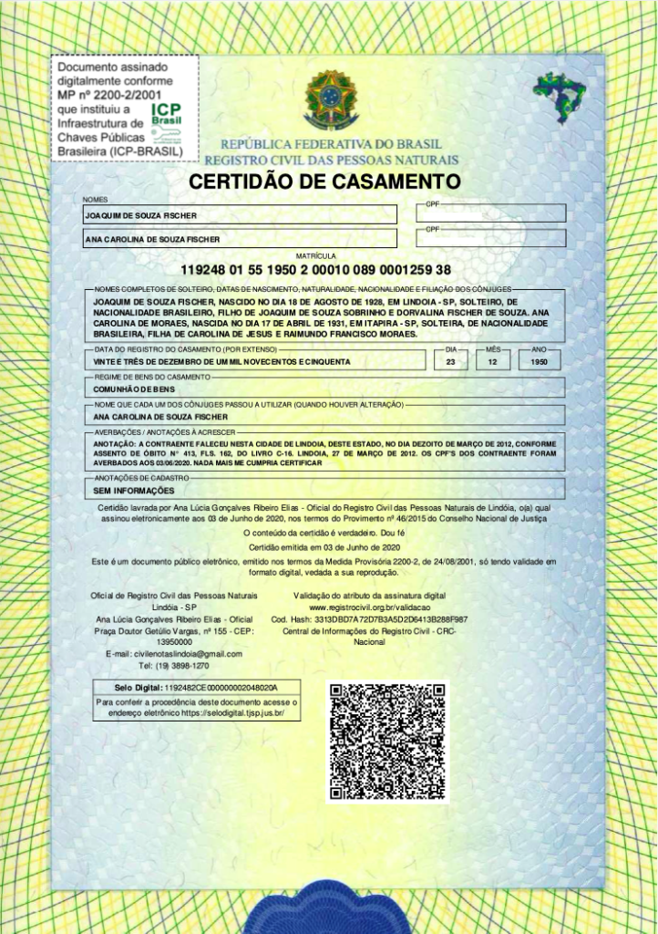 Certidão de casamento de Joaquim e Ana Carolina