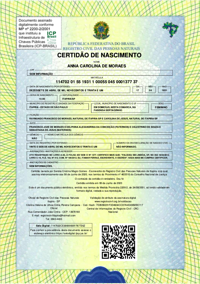 Certidão de nascimento de Ana Carolina de Moraes