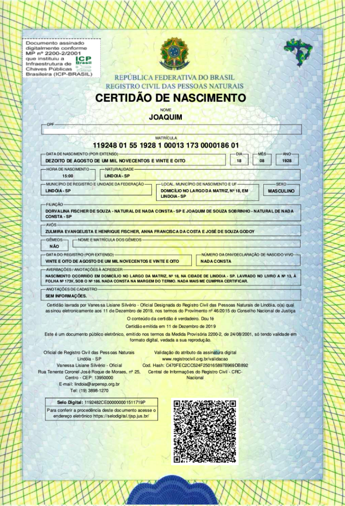 Certidão de nascimento de Joaquim Fischer