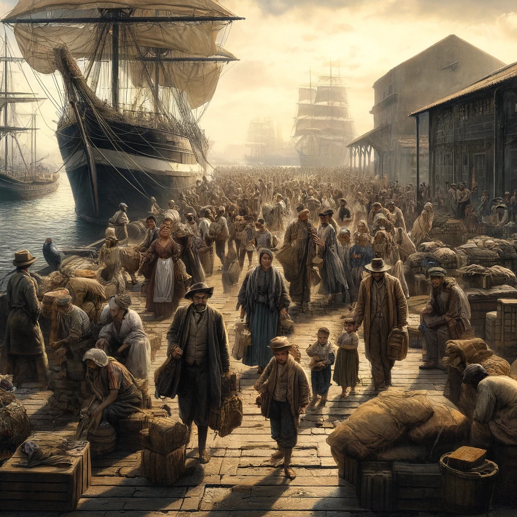 Imagem ilustrativa da chegada de imigrantes no porto de Santos no século 19